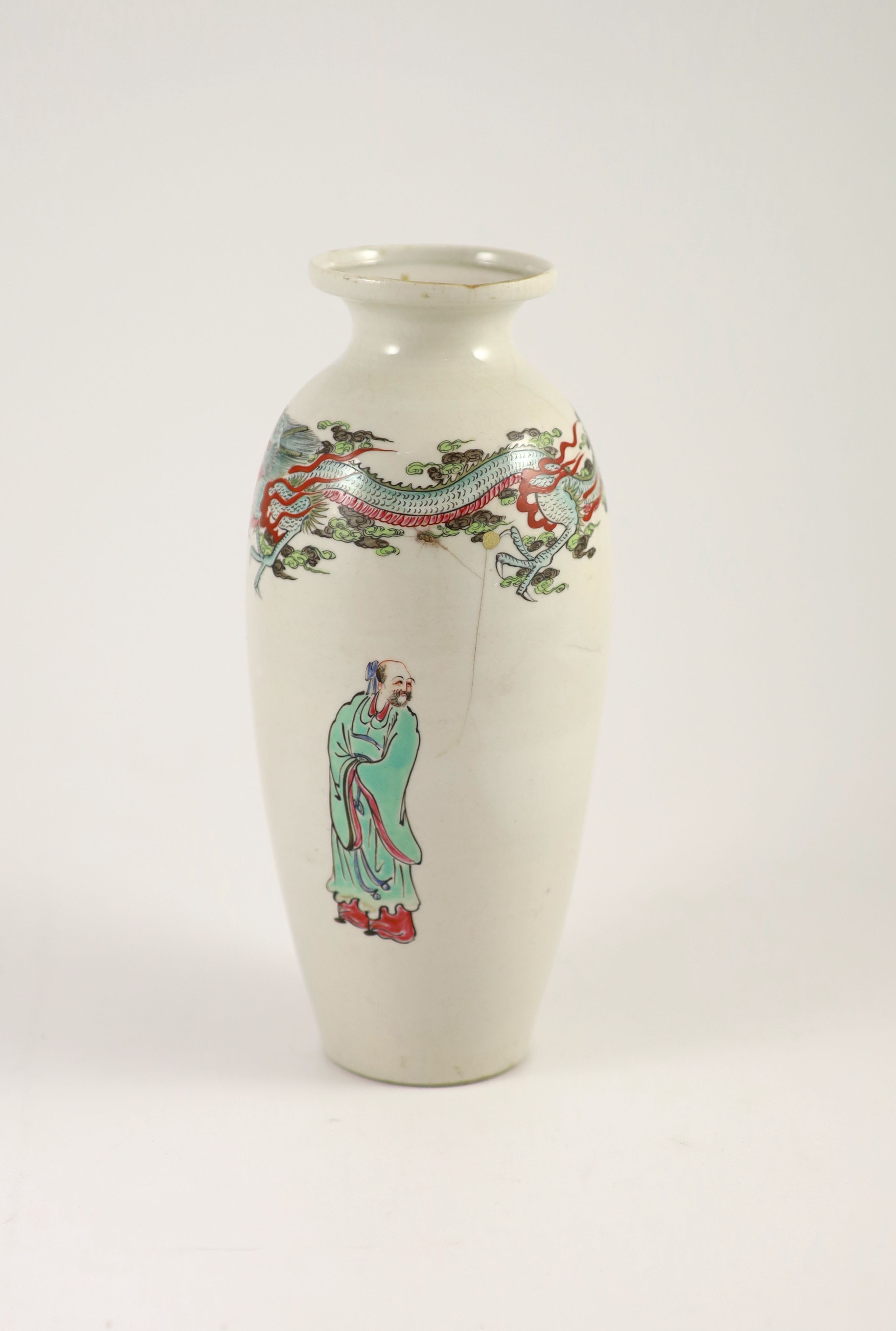 An unusual Worcester polychrome enamelled vase, c.1755-60, 24cm high, cracked, rim faults